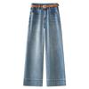 Women's Blue High-Waisted Loose Draping Denim Pants, 2025 Spring Straight-Leg Versatile Wide-Leg Design.