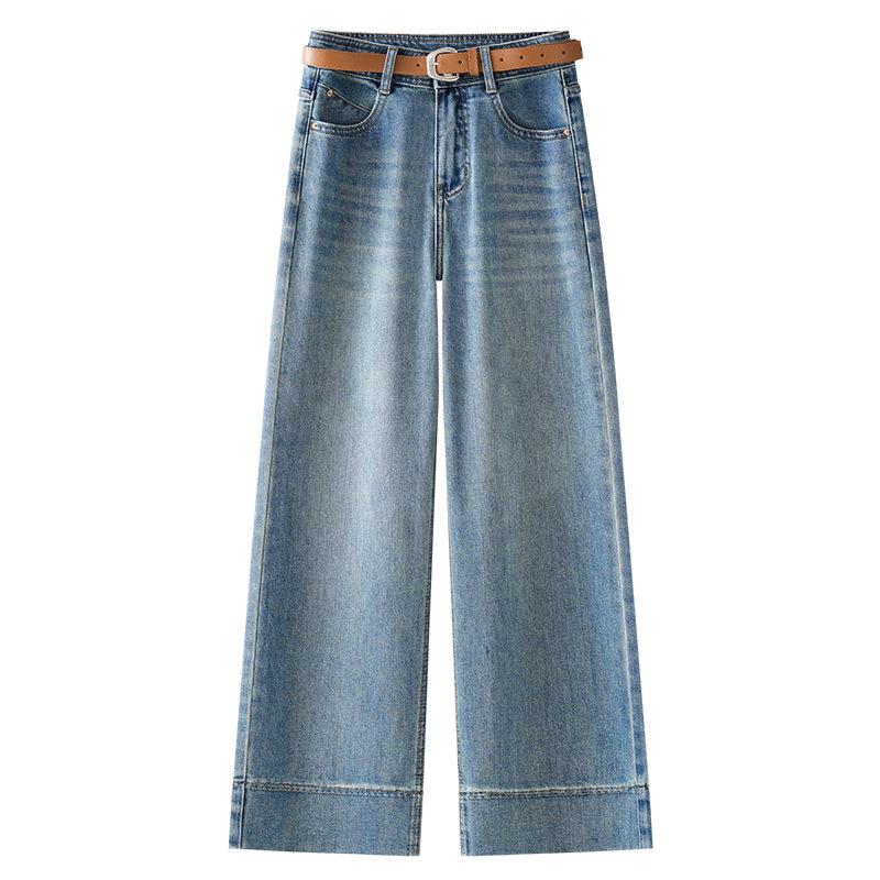 Women's Blue High-Waisted Loose Draping Denim Pants, 2025 Spring Straight-Leg Versatile Wide-Leg Design.