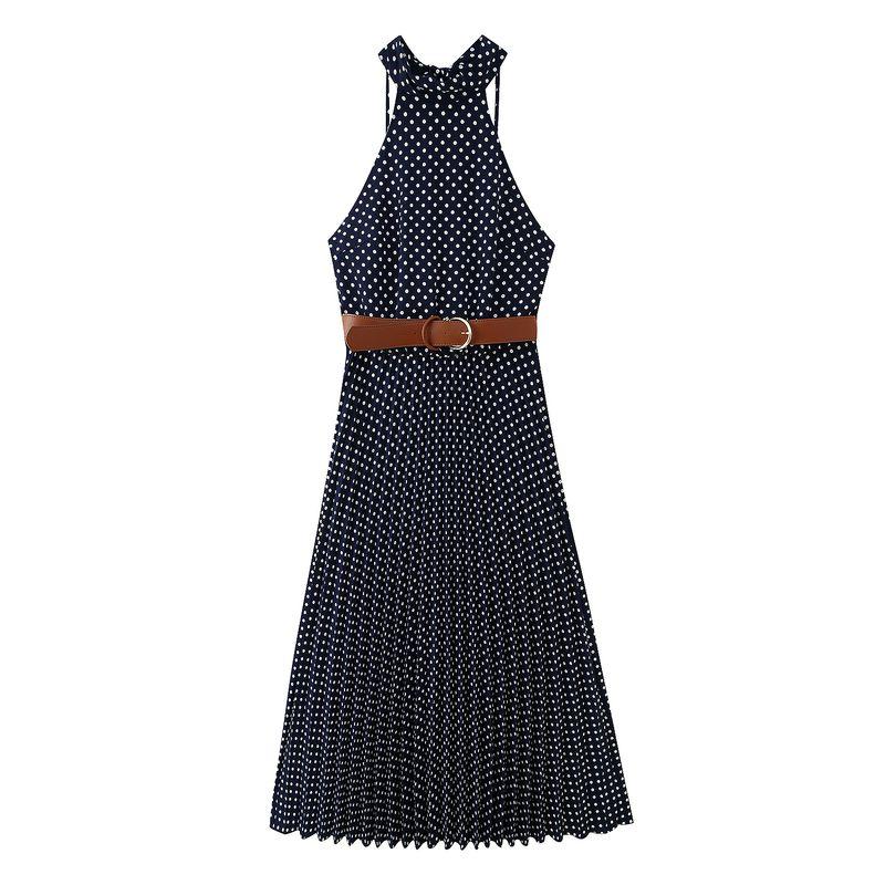 Kaslead New Arrival Women's Clothing Fashion Style with Belt Polka Dot Hanging Collar Midi Skirt Dress 3555902