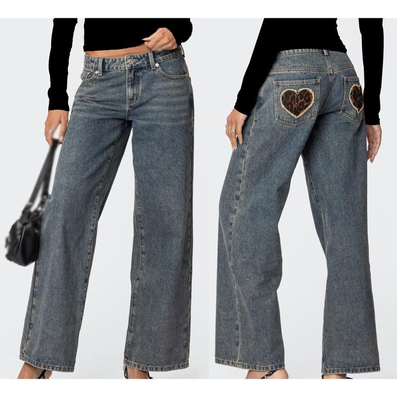 European American Fashion Heart Leopard Print Pocket Low Waist Wide Leg Straight Jeans S синий