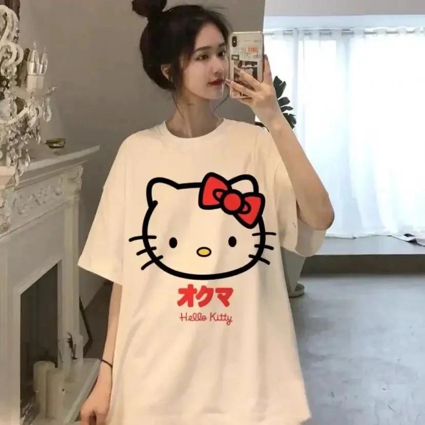 Kawaii Hello Kitty Y2K Korea Cotton Tops Anime Cute Summer Loose Women's Couple Fashion Loose Comfortable Cotton T-Shirt Tops