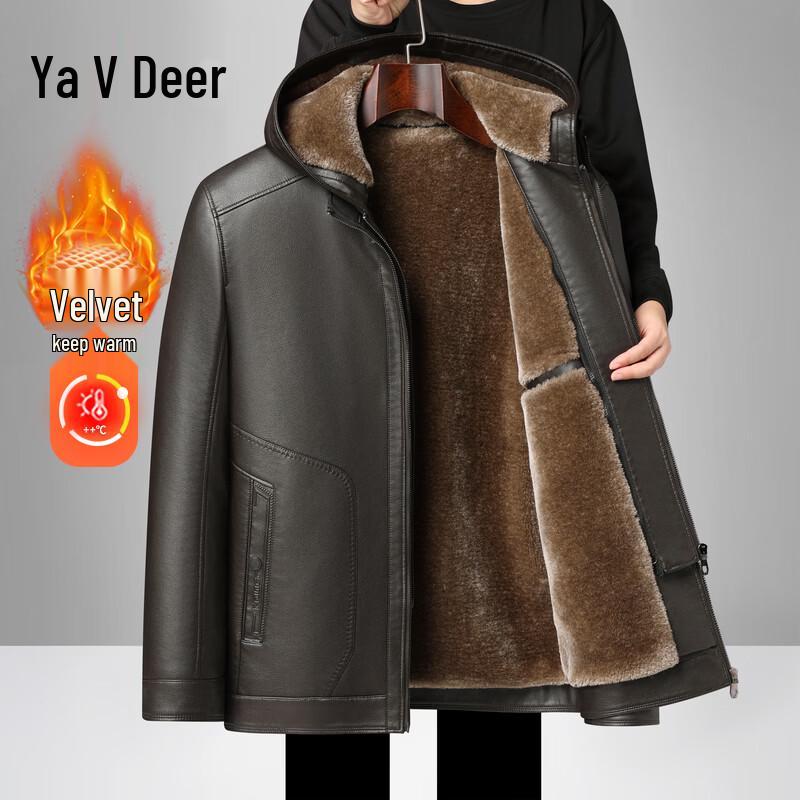 Men s Yalu PU Leather Hooded Jacket with Fleece Lining 3XL