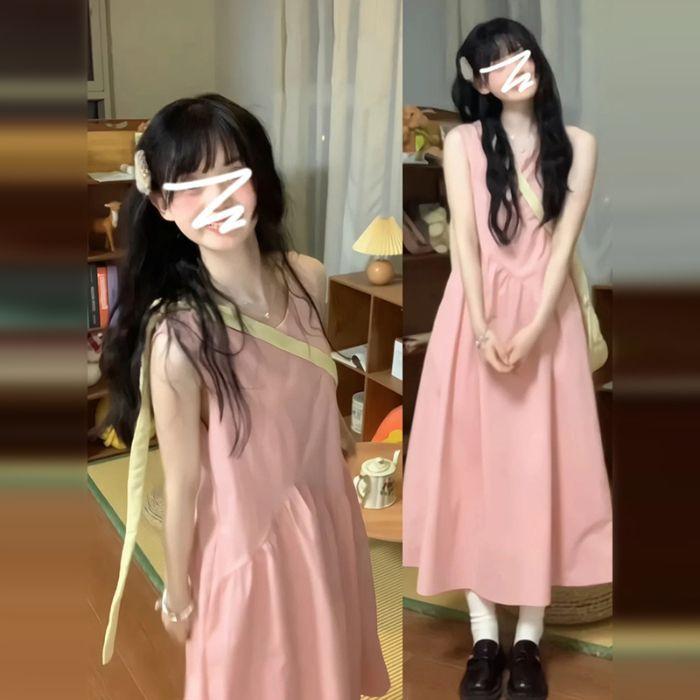 

French temperament small man pink sleeveless suspender dress women s new summer high-end long dress XXL