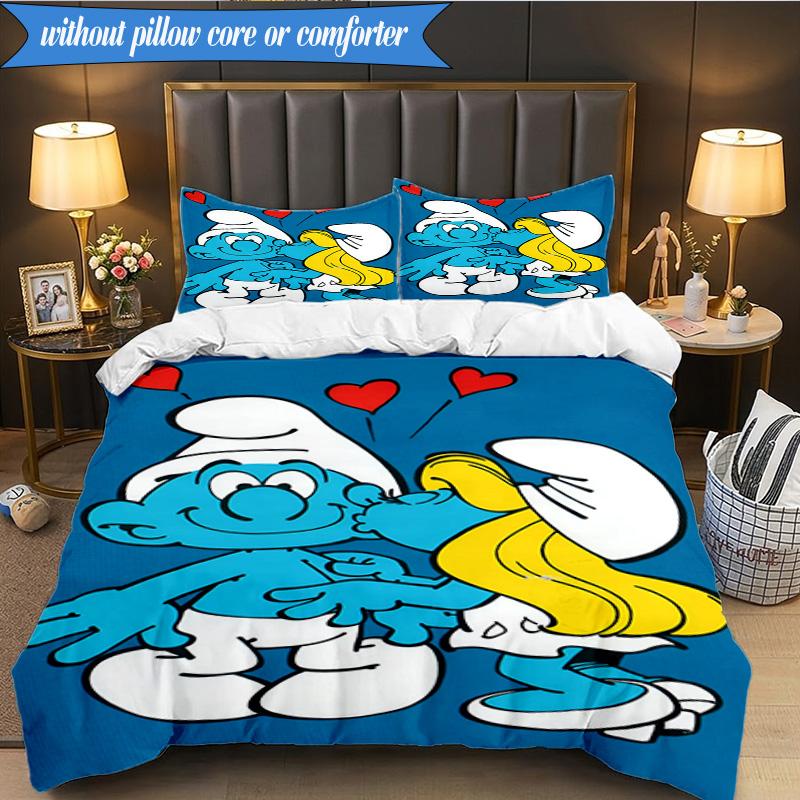 3PCS Blue Smur-f Characters Bedding Set,Including 1pc Duvet Cover And 2pcs Pillowcases Perfect for Bedroom, Dormitory, Fan Christmas gift