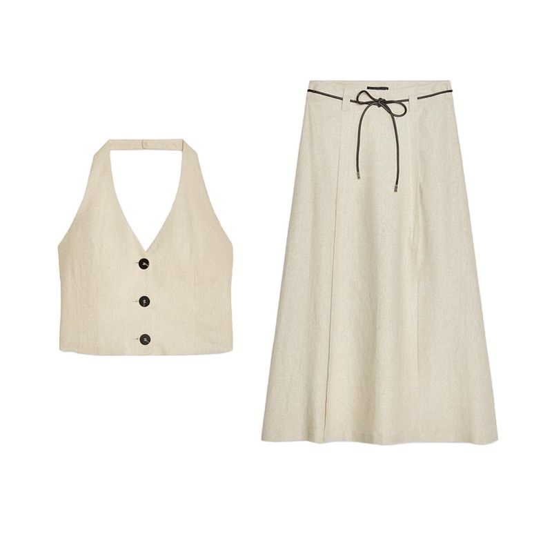 Linen Blend Hanging Collar Sleeveless Casual Tops 3207939 Bowknot Decoration Midi Dress 2153939