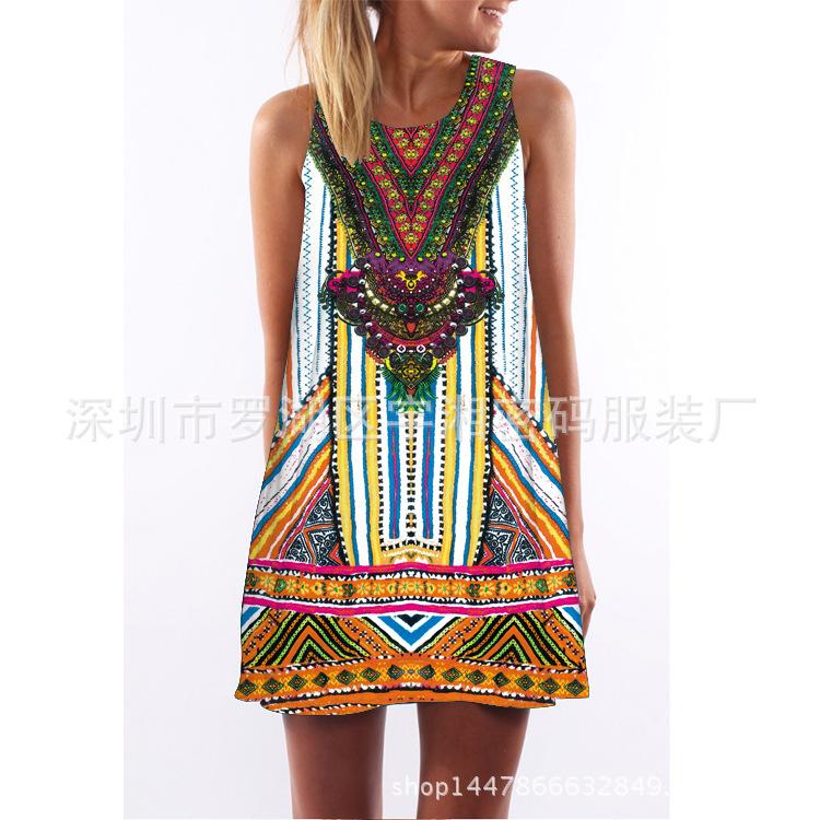 European Station European and American new digital printing crew neck hot-selling medium and long dress S