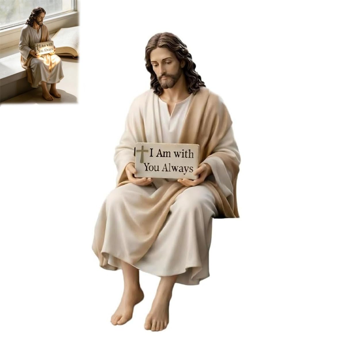 

Jesus Resin Figurine,I Am with You Always Jesus Statue, Handmade Sitting Religious Decorative,Easter Car Dashboard Home Office Table Decor 1