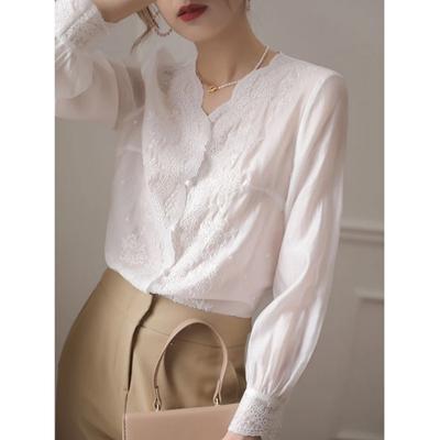Blusa feminina elegante com decote em V, manga longa, bordado, flor, renda, camisa feminina, moda casual, simples, outono, solta, protetor solar, top 2967
