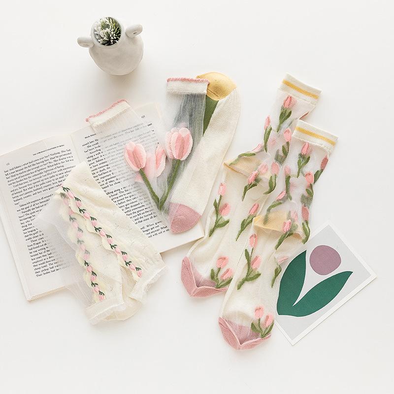 Women's Spring and Summer Trendy Tulip Transparent Crystal Glass Fiber Mid Calf Socks