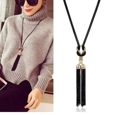 Feminino pingente colar borla longo inverno camisola corrente colar