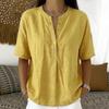 Dameslosse Henley Blouse met Halve Knopenlijst, Korte Mouwen, Linnen Katoenmix, Casual Blousehemd