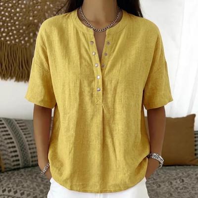Women's Loose Half Placket Henley Neck Short Sleeve Linen Cotton Blend Casual Blouse Shirt