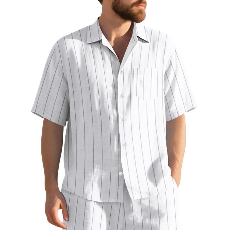 Linen Jacquard Shirt with Vertical Stripes Men's Collared Button-Down Loose-Fitting, Breathable Casual Short-Sleeved Shirt