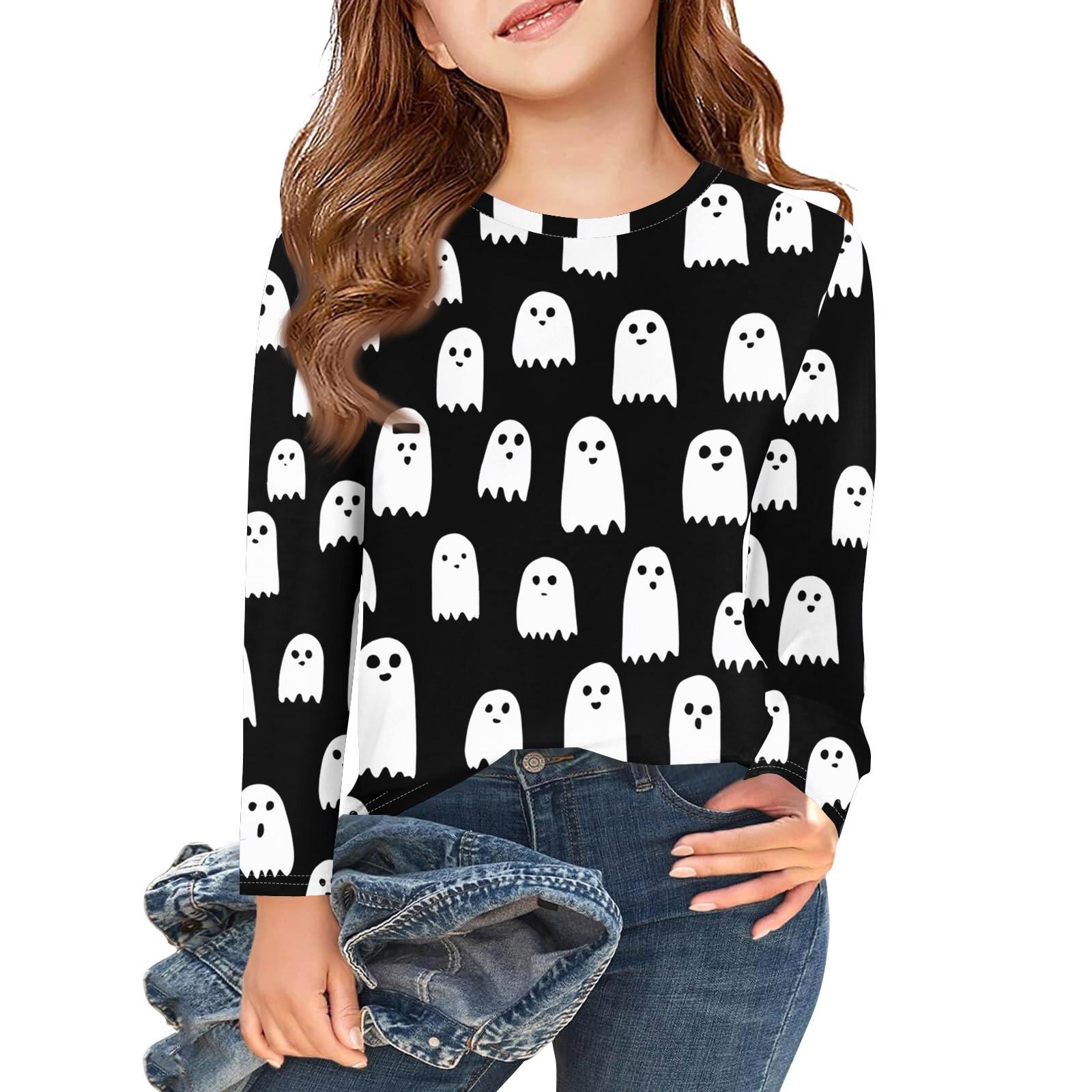 

Girls Long Sleeve T Shirts Kids Fall Tops Crewneck Halloween Printed Basic Tees 3-9Y 110 чорний