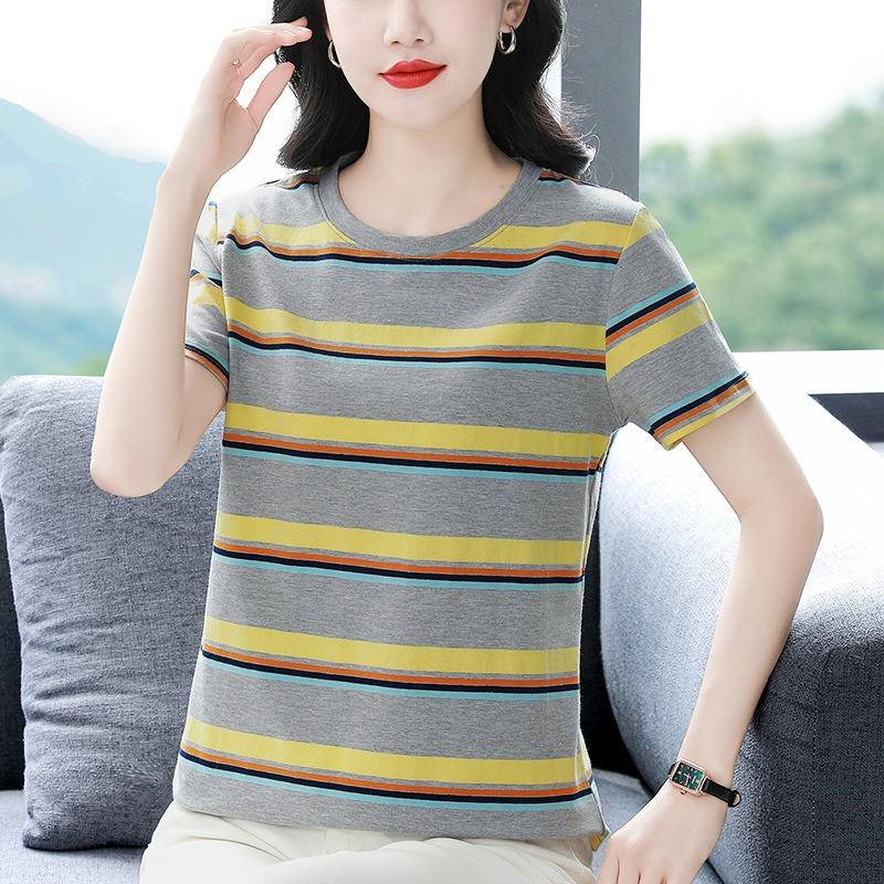 Striped Short-sleeved T-shirt Women's Round Neck Half-sleeved Shirt Summer Plus Size Loose Top