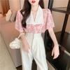 Design-sensual Niche Lapel Floral Chiffon Shirt Women Puff Sleeve French Top