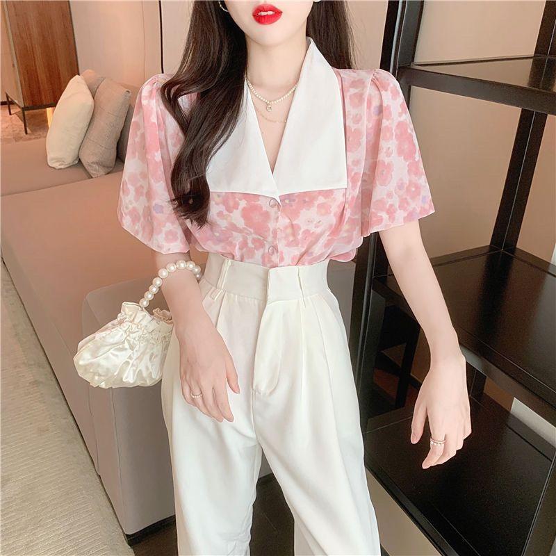 Design-sensual Niche Lapel Floral Chiffon Shirt Women Puff Sleeve French Top