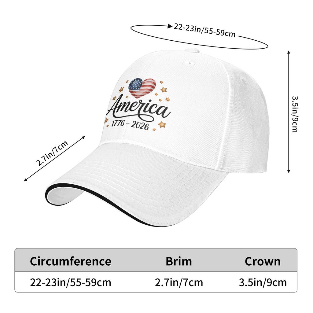Flag Heart 1776 2026 July 4th 250th Birthday Sun Baseball Cap Summer Design Print Hip Hop Hats Men Hiking Fishing Snapback Cap