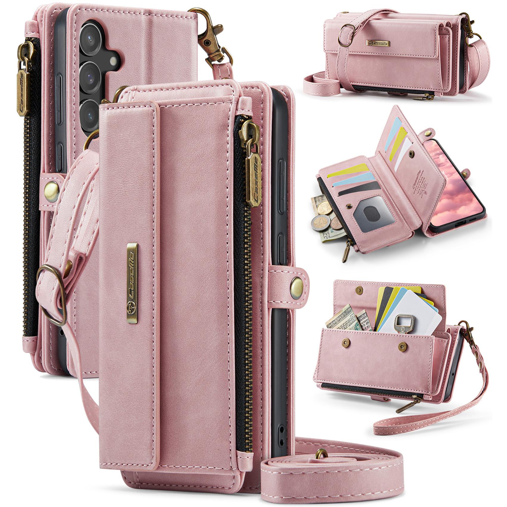 

For Samsung Galaxy S23 FE Case CASEME C39 RFID Blocking Zipper Wallet Stand Leather Cover with Strap Pink