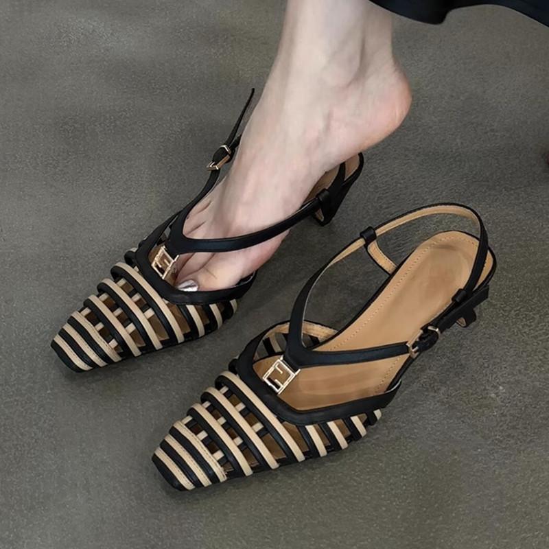 Fashion Fashion Weaving Hollow High-heeled Sandals Women Mixed Color Ankle Strap Buckle Roman Sandals Elegant Kitten Heel High Heels