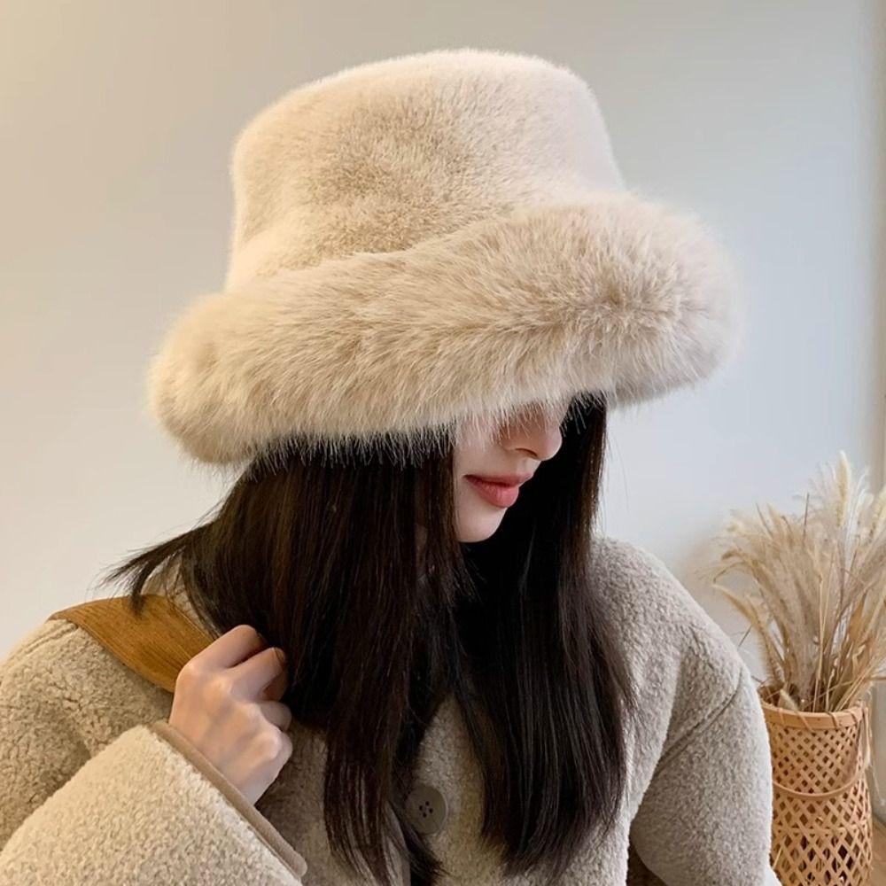 Harajuku Faux Fur Bucket Hat Solid Color Luxury Plush Hat Elegant Winter Fluffy Hat  Windproof