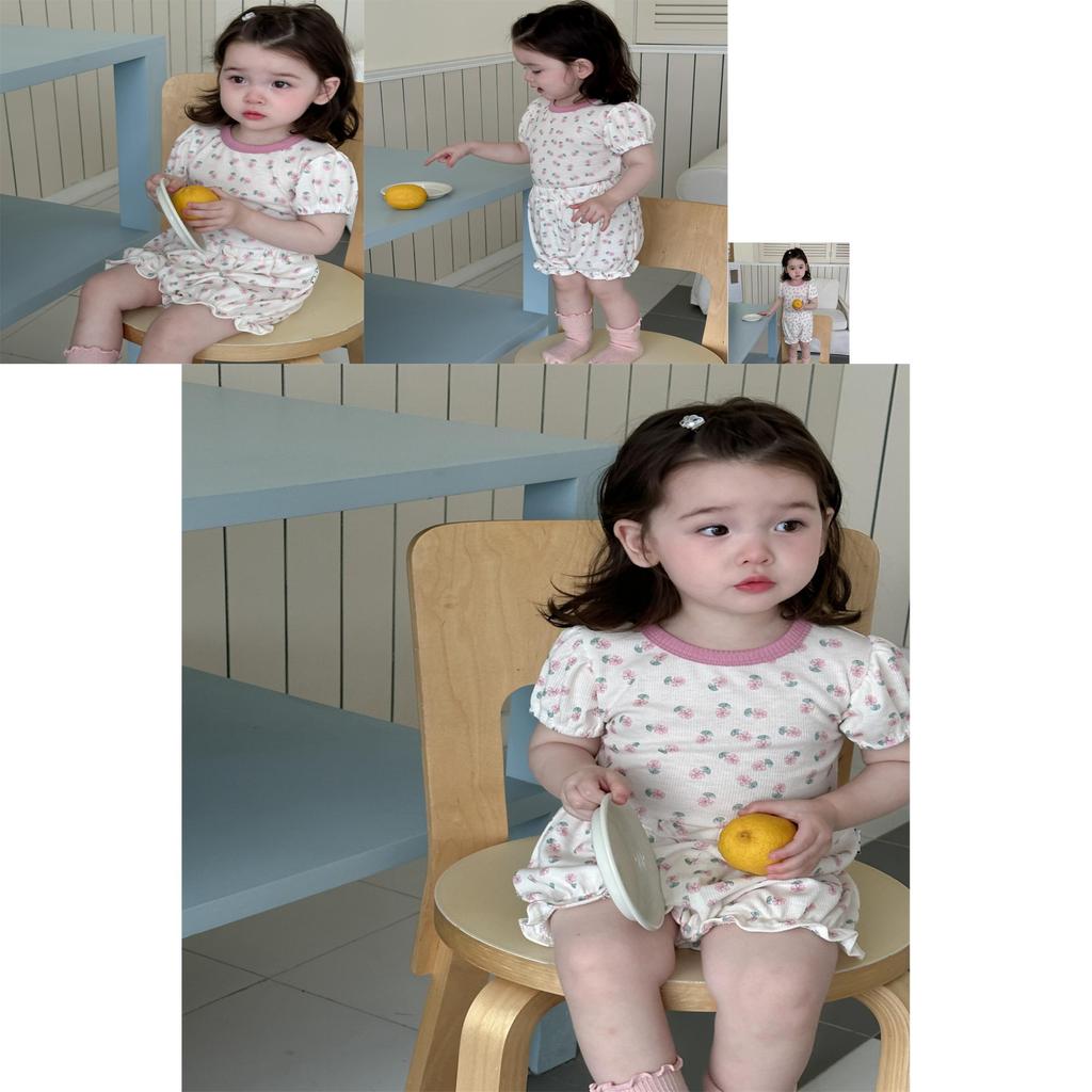 Adorable Girls Summer Home Pajama Set Soft Floral Cotton Two Piece Outfit For Kids