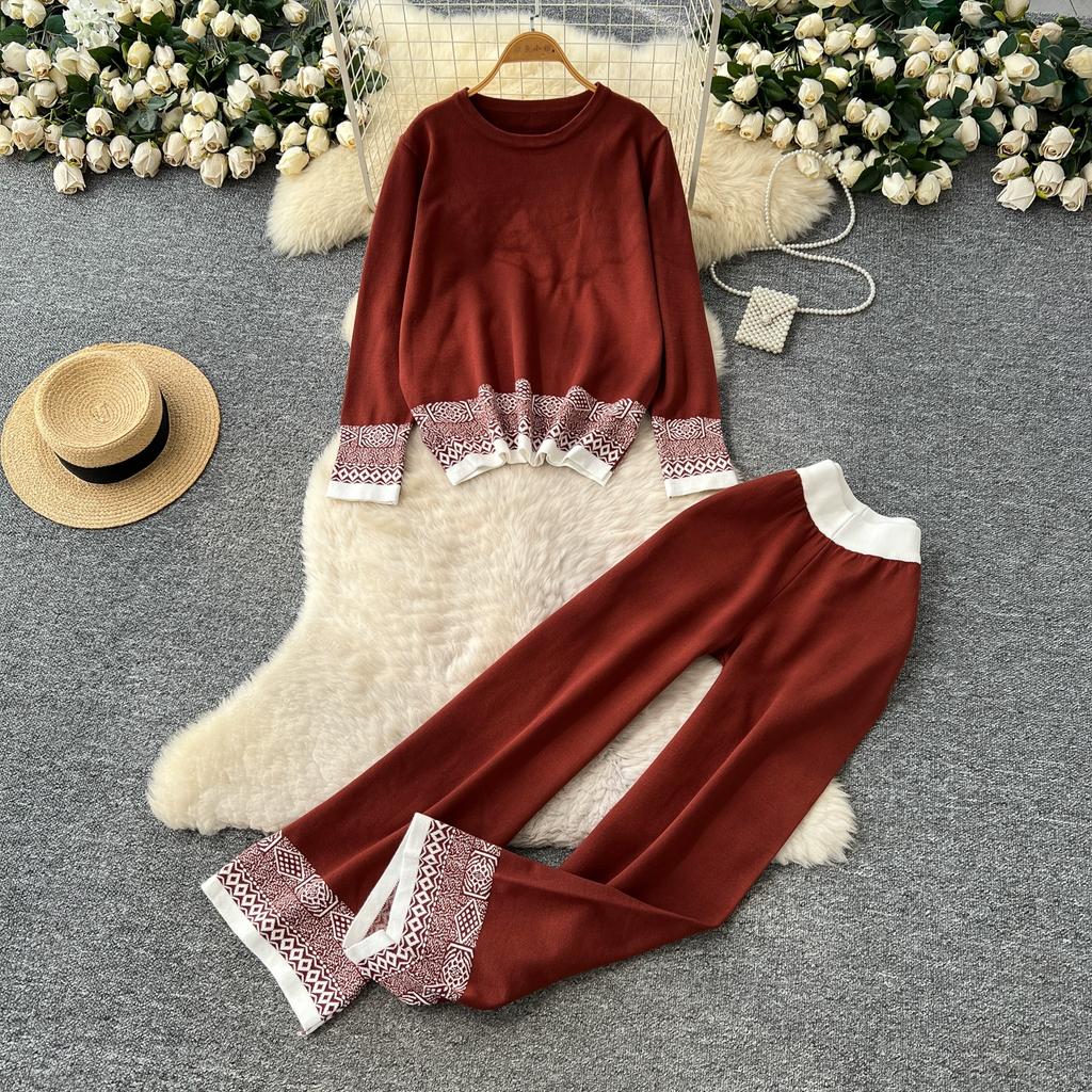 Autumn Winter Women Vintage Jacquard Knitted Sweater Trouser Two Piece Set Full Sleeve Pullover Tops and Wide Leg Pant Tracksuit
