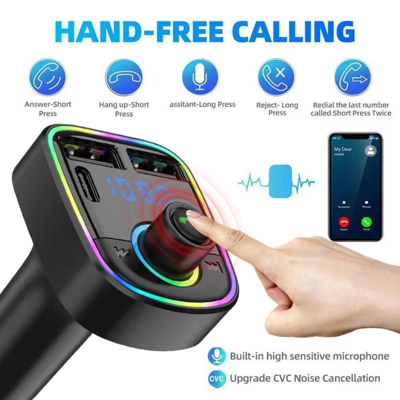 Multifunctional Car Charger Car Bluetooth 5.2 FM Transmitter PD Type-C Dual USB 3.1A Fast Charger Multi Hole Color Ambient Light