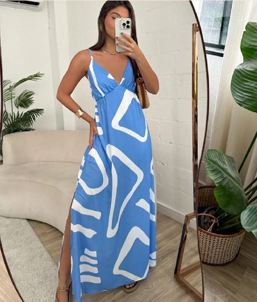 New Fashionable And Sexy Slit Print Suspender Sleeveless Dress