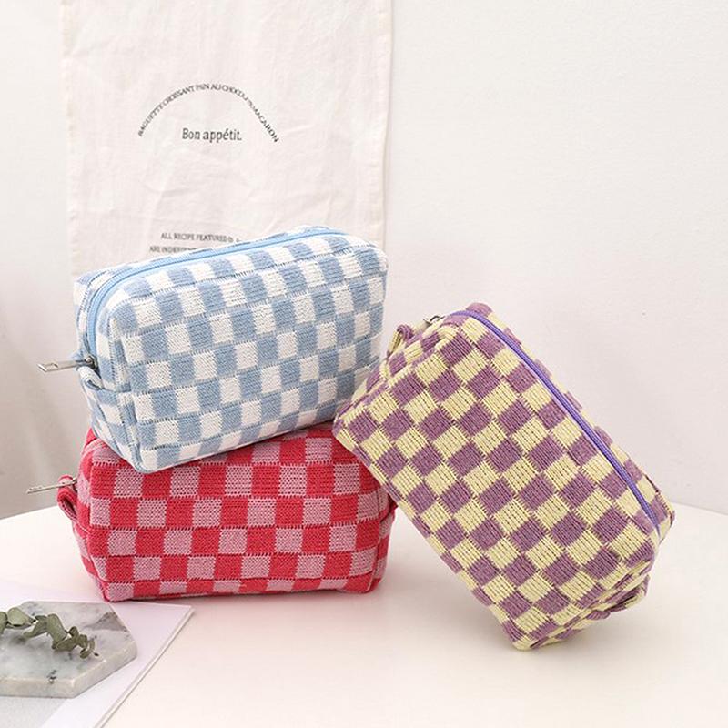 Ins Checkerboard Knitted Pencil Case Big Capacity Pen Bag Zipper Stationary
