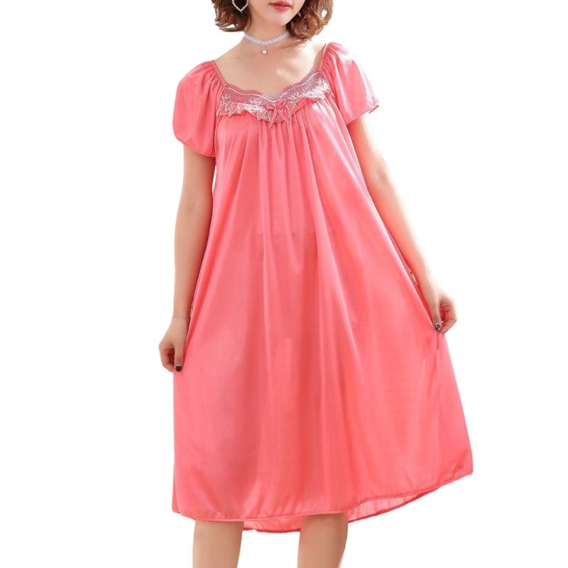 Women's Ice Silk Nightgown Sleepwear Round Neck Nightie Short Sleeves Nightshirt Summer Sleepwear Nightdress Sleep Dress