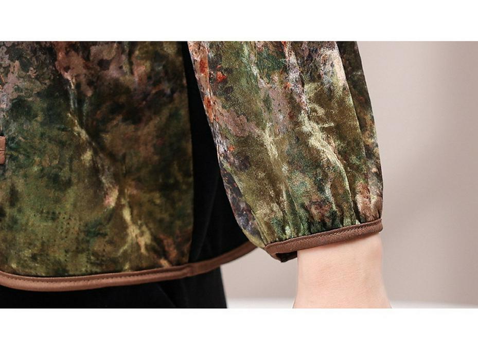 Costum elegant de catifea: Set de primăvară din două piese în stil etnic pentru femei de vârstă mijlocie – Design subțire pentru mărime plus