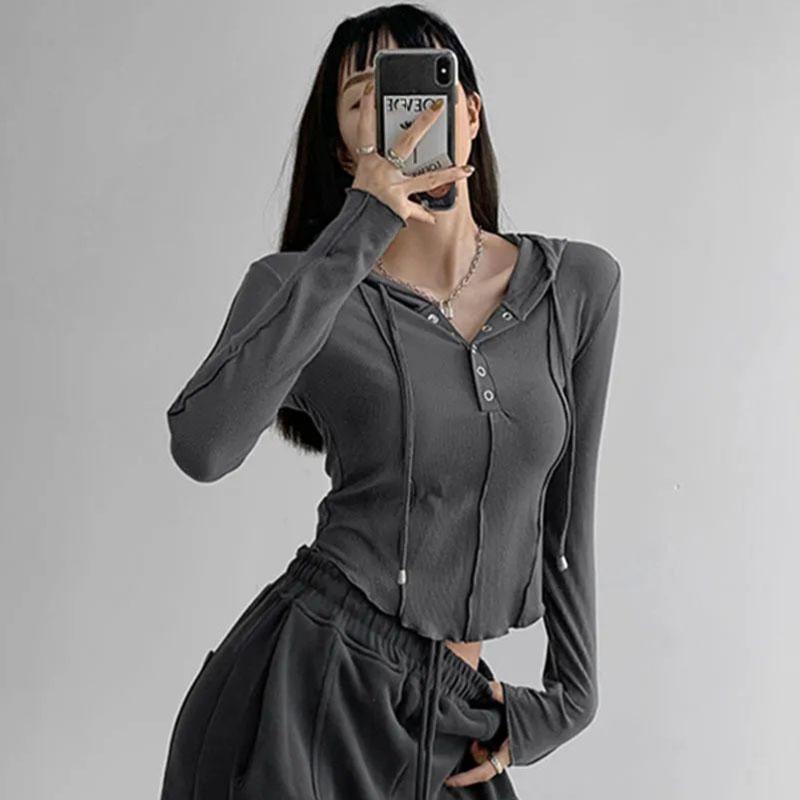 Slim Hoodie Grey Short Top High Waist Navel Exposed American Hottie Pure Desire Pressed Pleated Long Sleeve Thin T-shirt