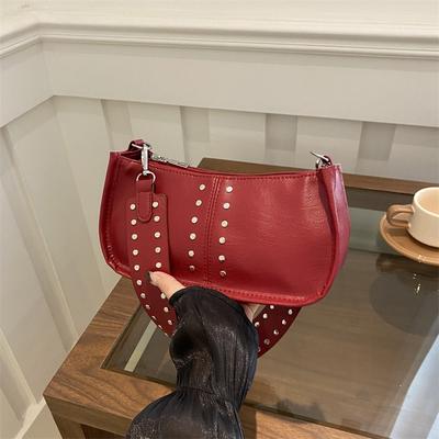 High-value Simple Shoulder Bag 2025 Autumn New Retro Personalized Casual Rivet Underarm Baguette Bag