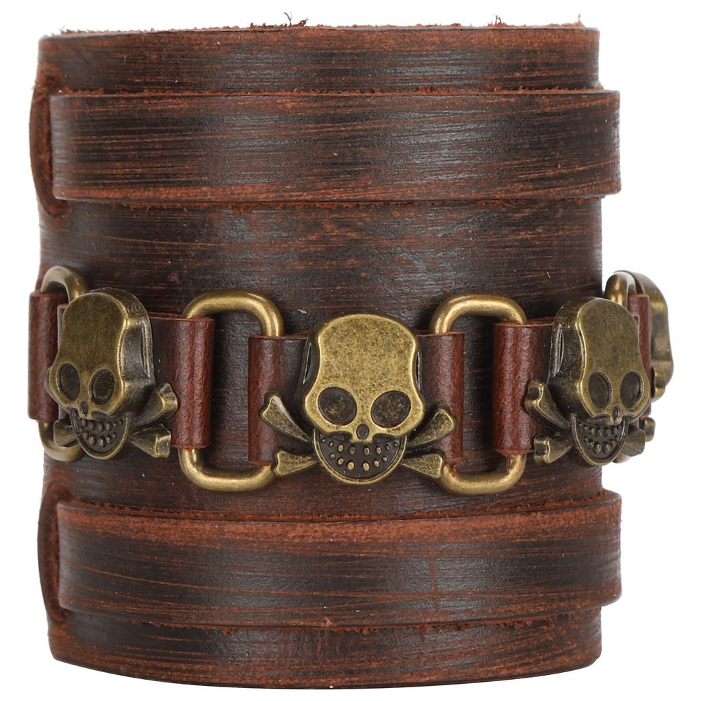 Örgülü Bileklik Deri Ayarlanabilir Tokalı El Yapımı Vintage Kurukafa Bileklik Takı(Kahverengi )