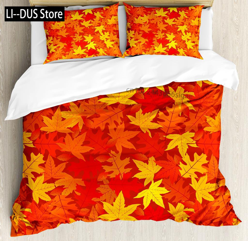 Autumn Pumpkin Duvet Cover Full Size 3 Pcs Watercolor Orange Maple Leaves Bedding Set For Kids Teens Adults With 2 Pillowcases