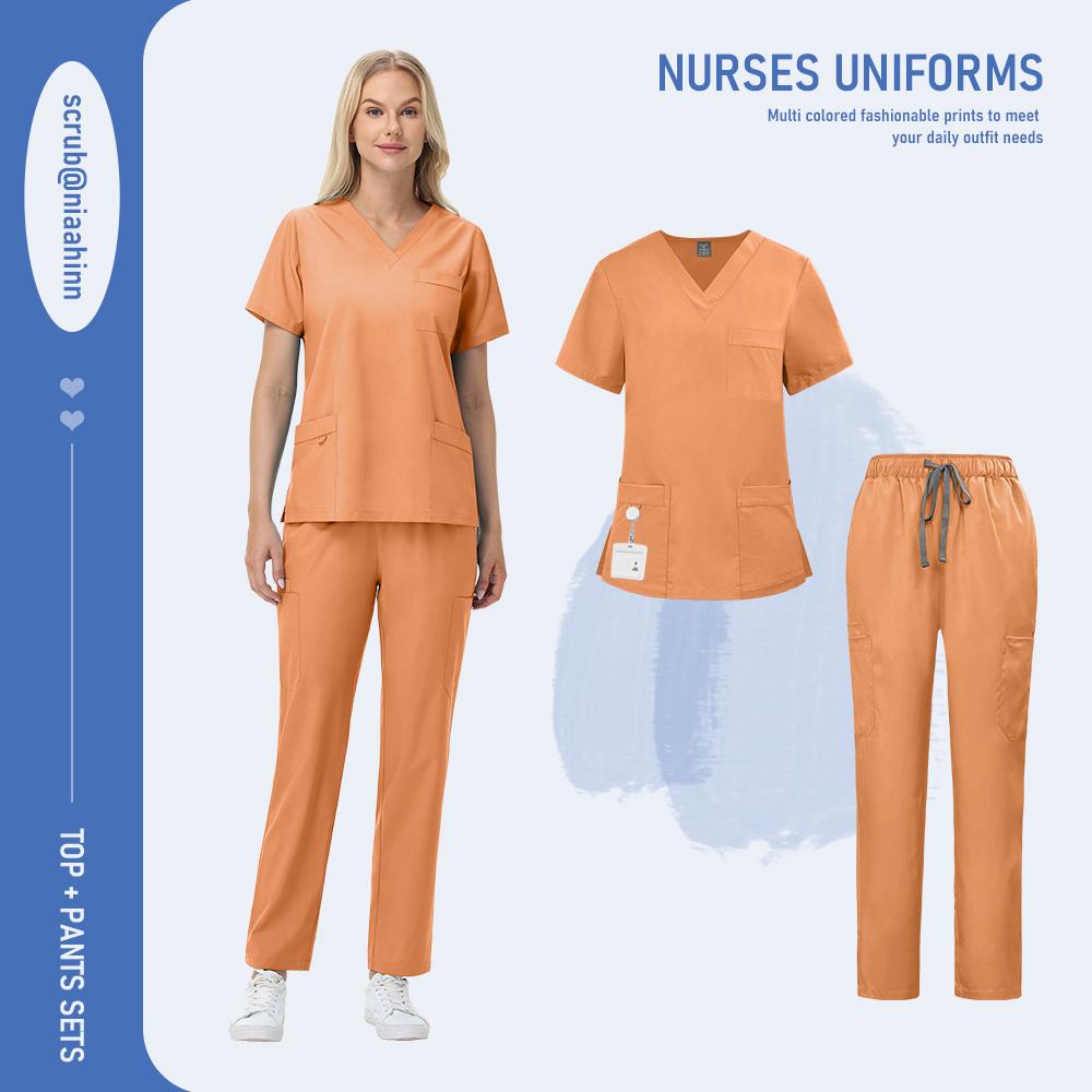 Nursing Surgical Uniforms Woman V-Neck Short Sleeved Uniform Scrub Sets Wholesale Lab Beauty Salon Workwear Pet Doctor Nurse Set