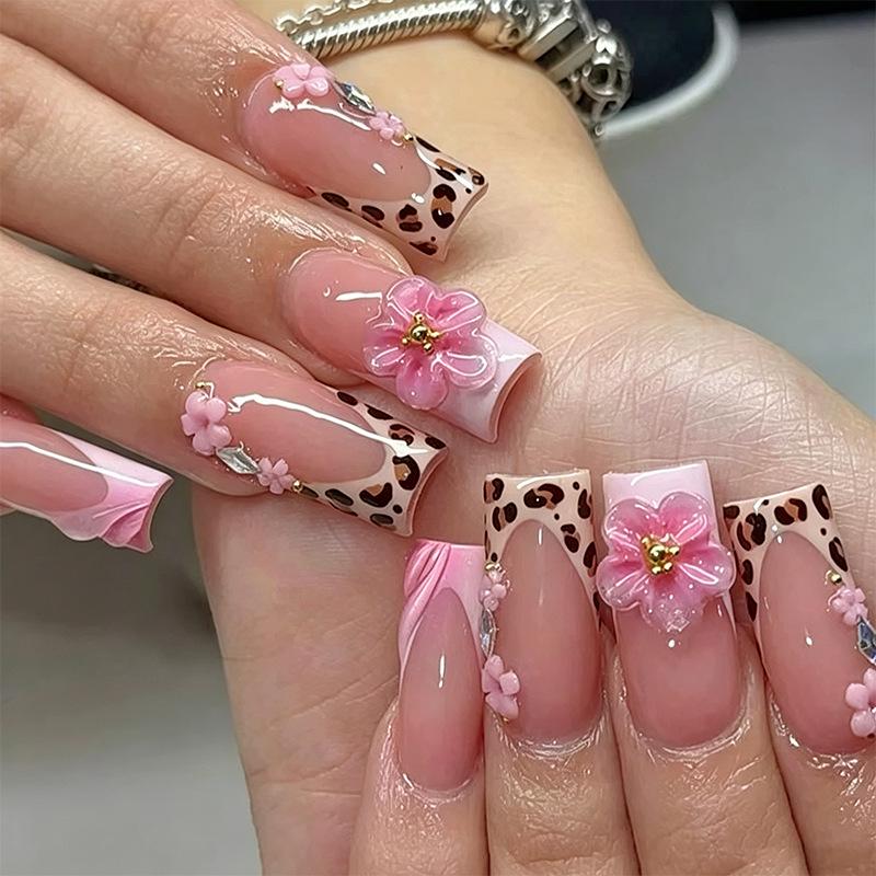 24-Piece Pink French Medium Tube Nail Tips with 3D Flowers & Leopard Print