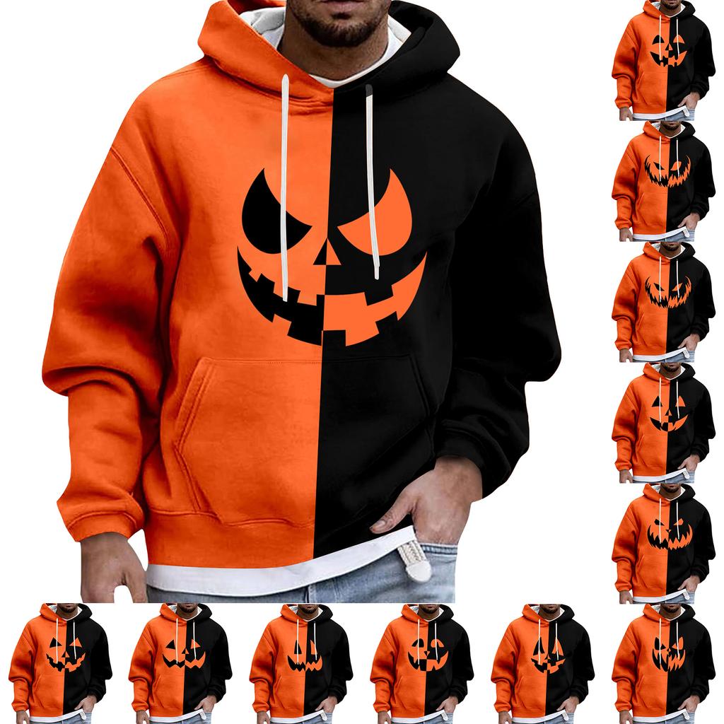 Men's Halloween Hoodie Funny Pumpkin Face Hoodie Scary Long Sleeve Top