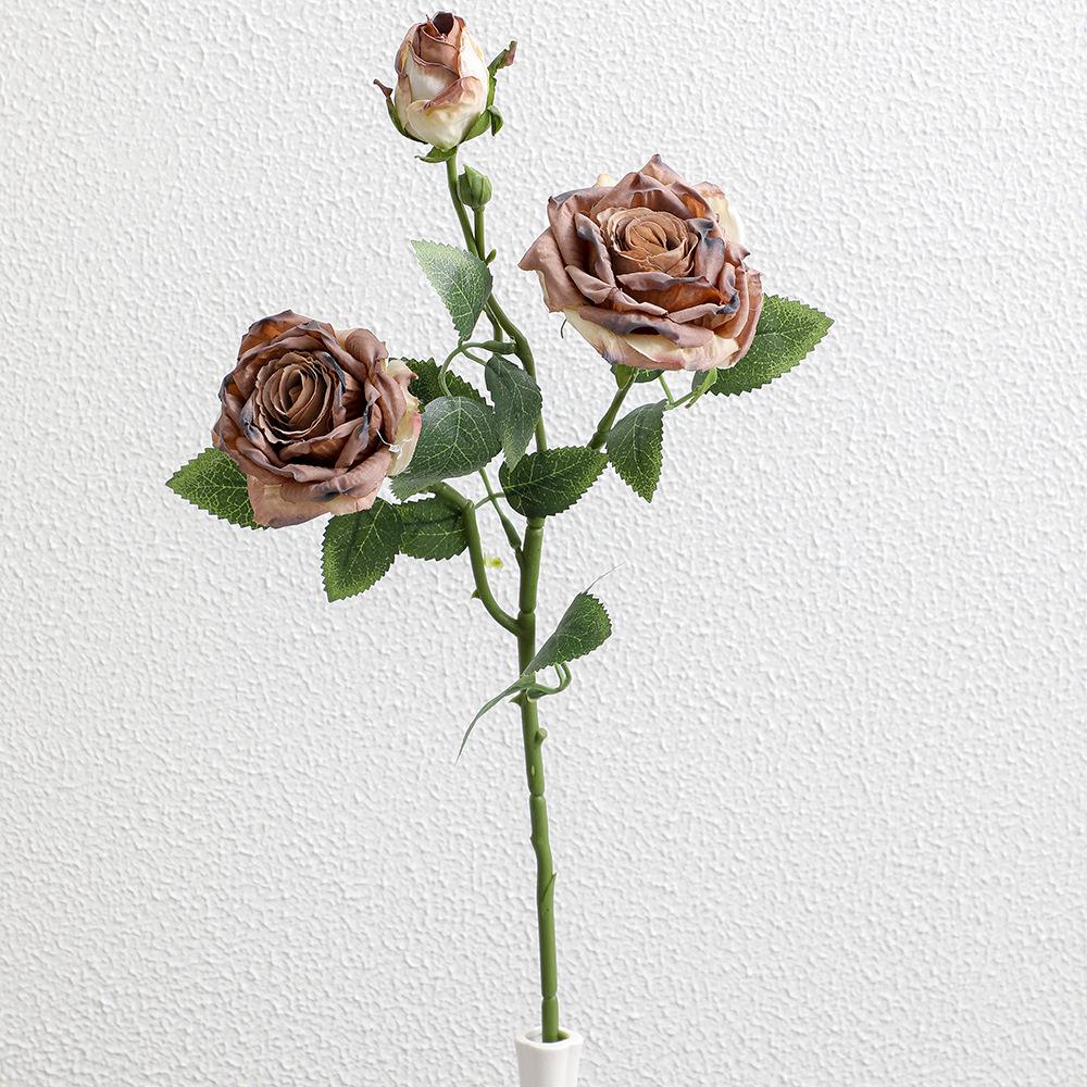 Scorched Edge 3-Head Artificial Rose, Retro Style Fake Flower for Home and Wedding Decoration, Photography Prop.