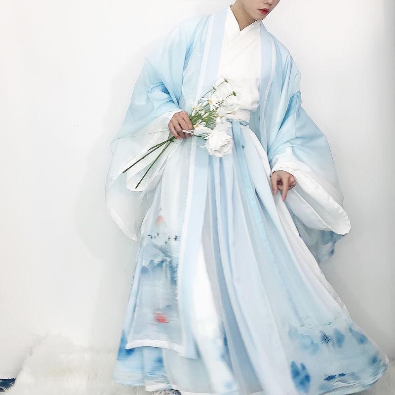 Chinese Wei And Jin Dynasties Style Han Element Suit Landscape Printing Large Sleeve Hanfu