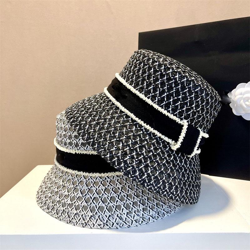 Women French Pearl Hollow Straw Hat Wide Brim Summer Sun Protection Bucket Hat