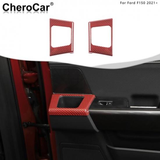 Rear Inner Door Storage Box Cover Trim Decor For Ford F150 21+ Red Carbon Fiber