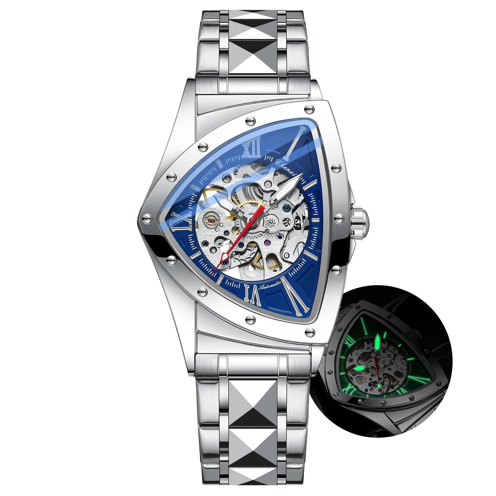 

Автоматичні трикутні механічні годинники для чоловіків Панк Унікальний дизайн з нержавіючої сталі Luminous Life водонепроникний чоловічий наручний годинник синій