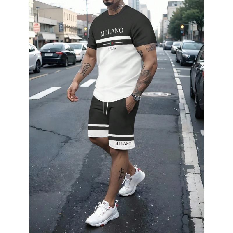 Summer Men's Stripe Letter Print Short Sleeve Top Shorts 2 Pieces Set Oversized Loose Round Neck T-shirt Man Drawstring Shorts