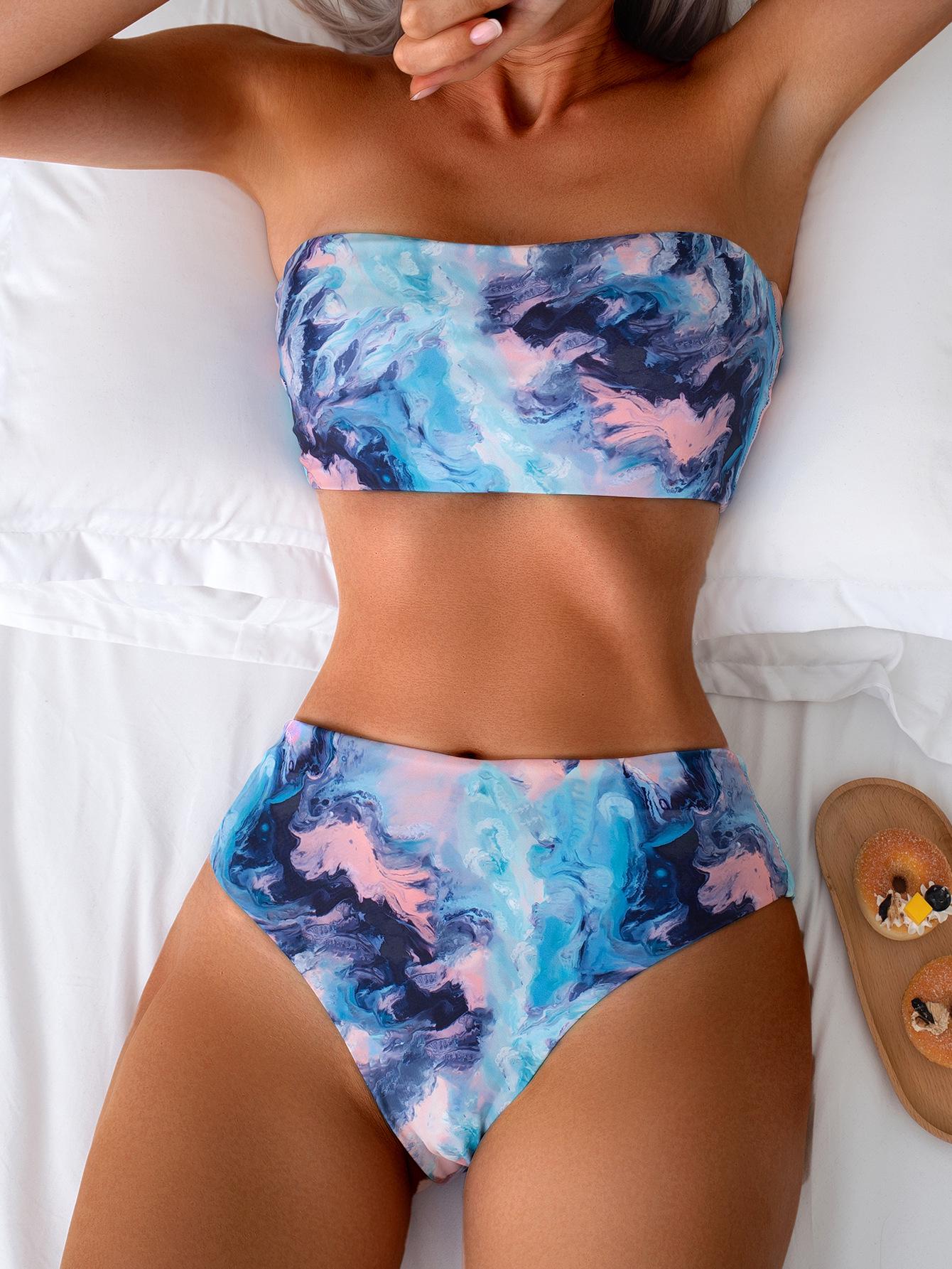 

Женский купальник бикини на одно плечо с принтом тай-дай и высокой талией M