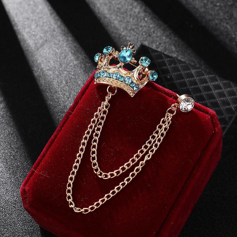 High-end Brooch Crown Crystal Rhinestones Brooches Tassel Chain Lapel Pin British Style Men's Suit Shirt Collar Luxulry Jewelry