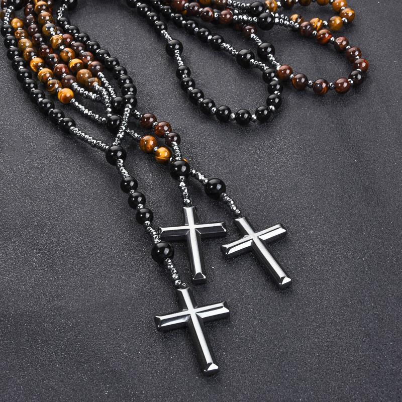 Obsidian Tigers Eye Bead Necklace With Cross Pendant Handmade For Men And Women