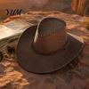 Outdoor UV Protection Hat Western Cowboy with Windbreak Rope for Men, Wide Brim Linen Sun Foldable Travel Travel, Halloween Cosplay Costume,