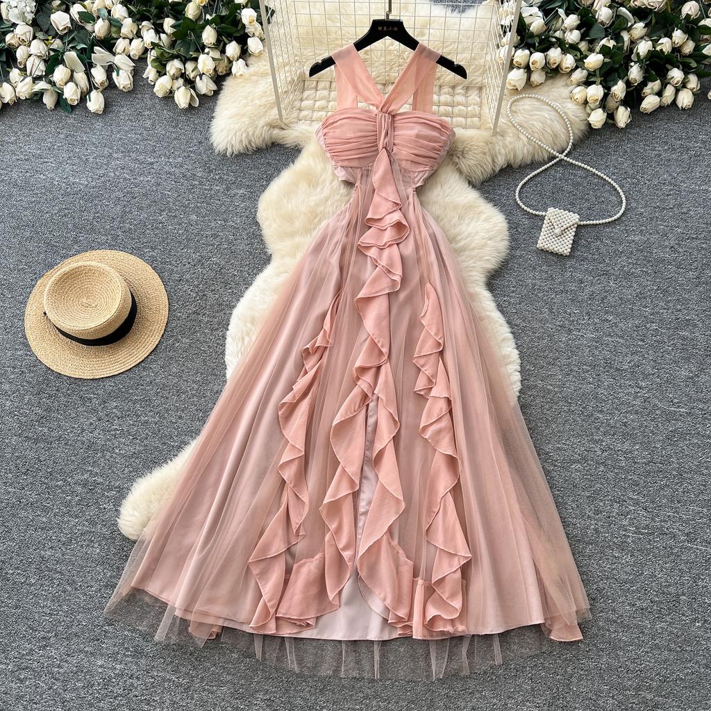 French Holiday Style Neck Mesh Dress Women's Summer Romantic Style Sleeveless Ruffle Edge Thin Temperament Long Dress